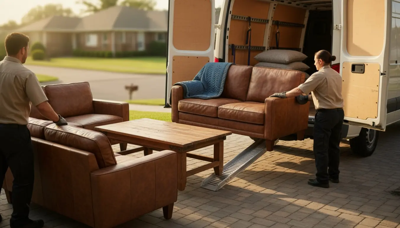 To flyttemænd læsser to-personers lædersofaer og et sofabord ind i en varevogn på en indkørsel.