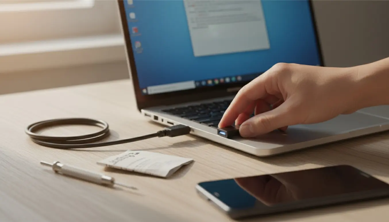 Hænder sætter en Bluetooth USB-dongle i en bærbar computer med en blød blå skærm i baggrunden.