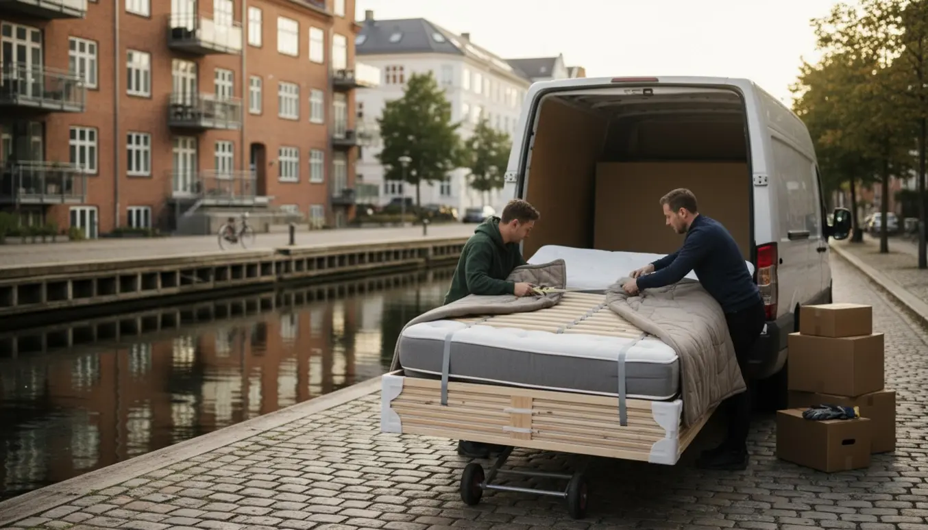 To personer læsser en 140 cm seng ind i en flyttevogn ved kajen med cykler og rødbrune byhuse i baggrunden.