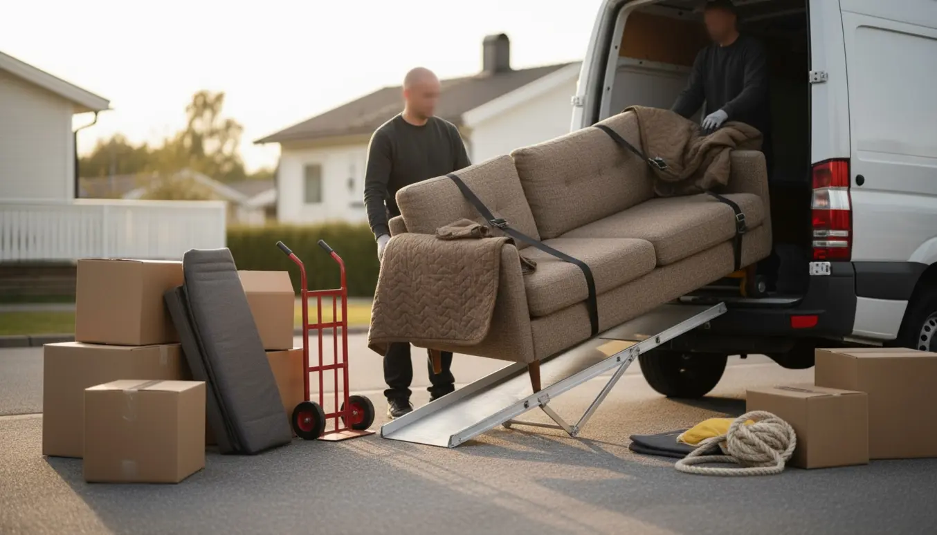 To flyttemænd laster en sofa ind i en varevogn på en stille villavej, sofaen er pakket ind i flyttetæpper.