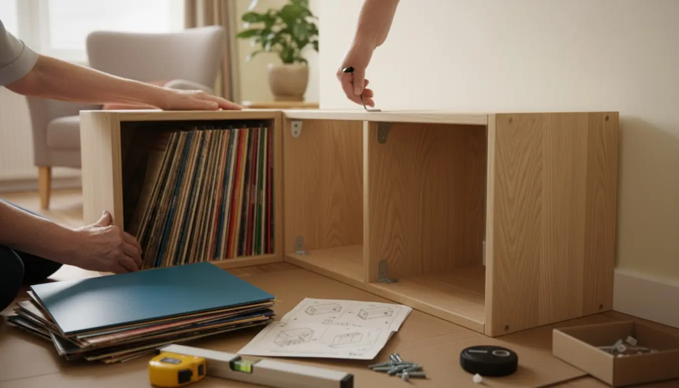 Delvist samlet vinylreol ved væggen med hænder, der monterer beslag, omgivet af værktøj og stakke plader.