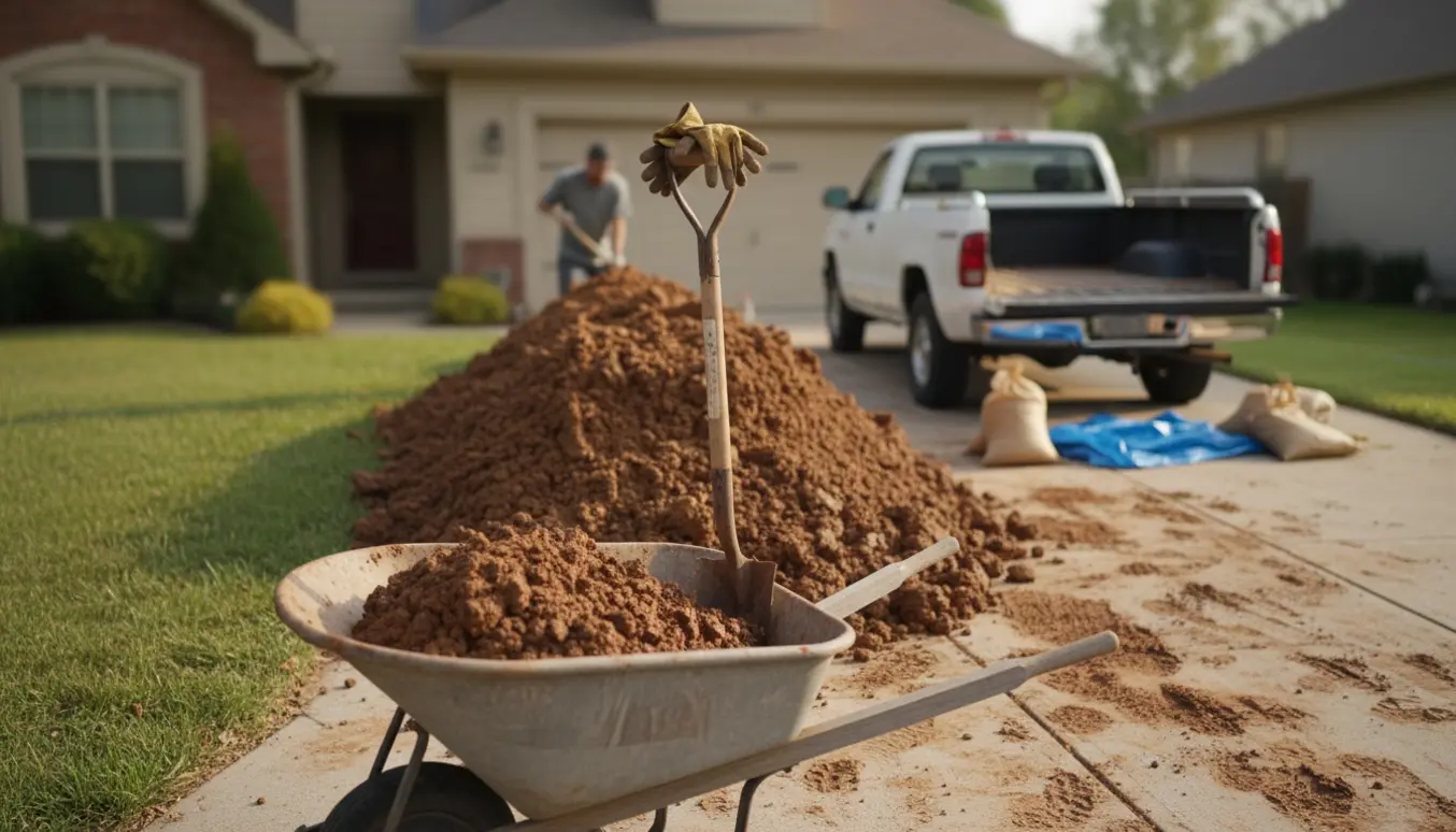 Stor bunke lerjord i indkørsel med trillebør og skovl klar til bortkørsel.