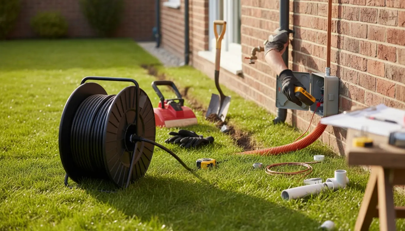 Lang sort el-kabelrulle ved en nygravet rende mod husets ydervæg med synlige vand- og el-tilslutninger.
