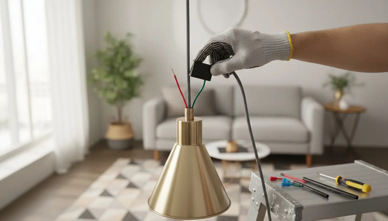 Nærbillede af hænder, der indsætter en LED-transformer i midten af en lampeledning under opsætning.