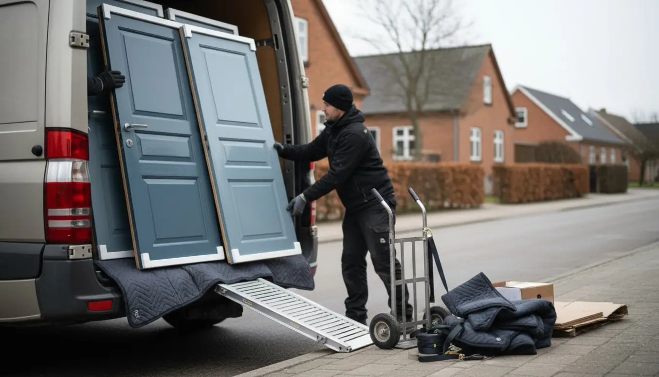 Fire nymalede døre læsses forsigtigt ind i en varevogn på en stille villavej.