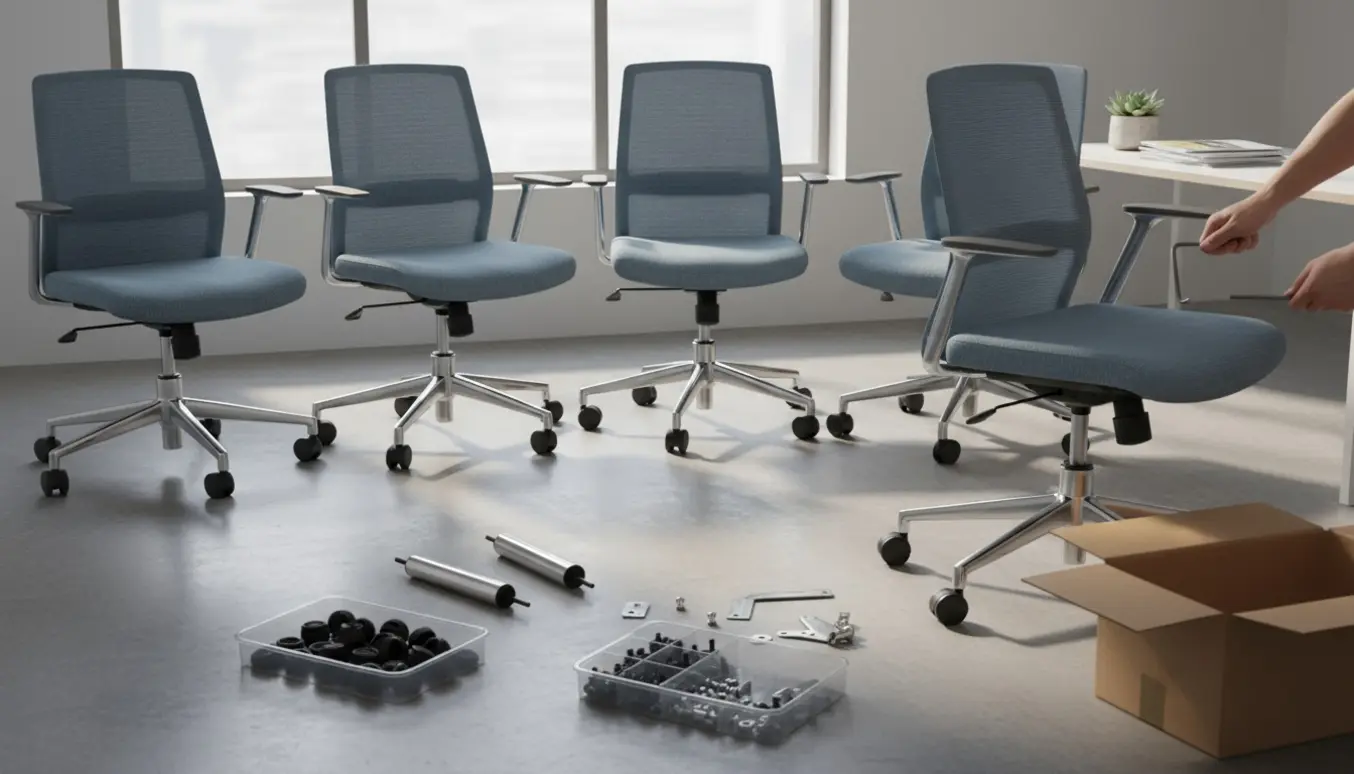 Otte kontorstole i forskellige samlingsstadier i et lyst kontor med værktøj og dele lagt frem.