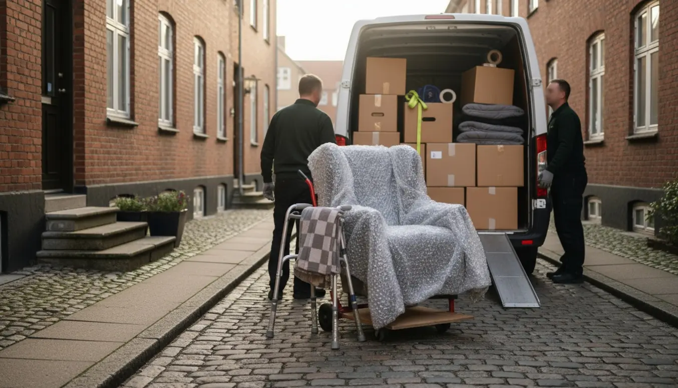 Flytteudstyr og indpakkede møbler bæres ind i en varevogn ved to ældreboliger i Randers på en brostensgade.