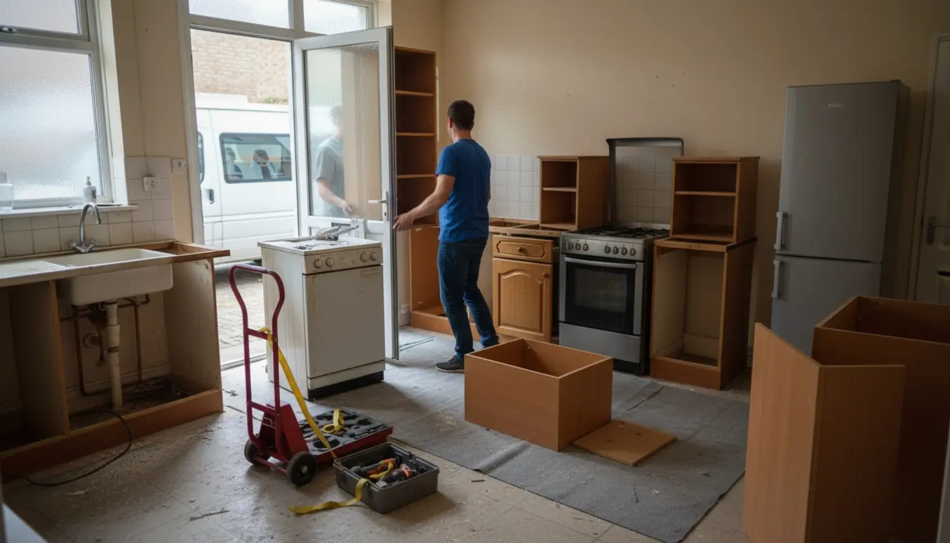 Gammelt køkken demonteres i rækkehus med værktøj og flyttevogn parkeret udenfor, køleskabet står tilbage.