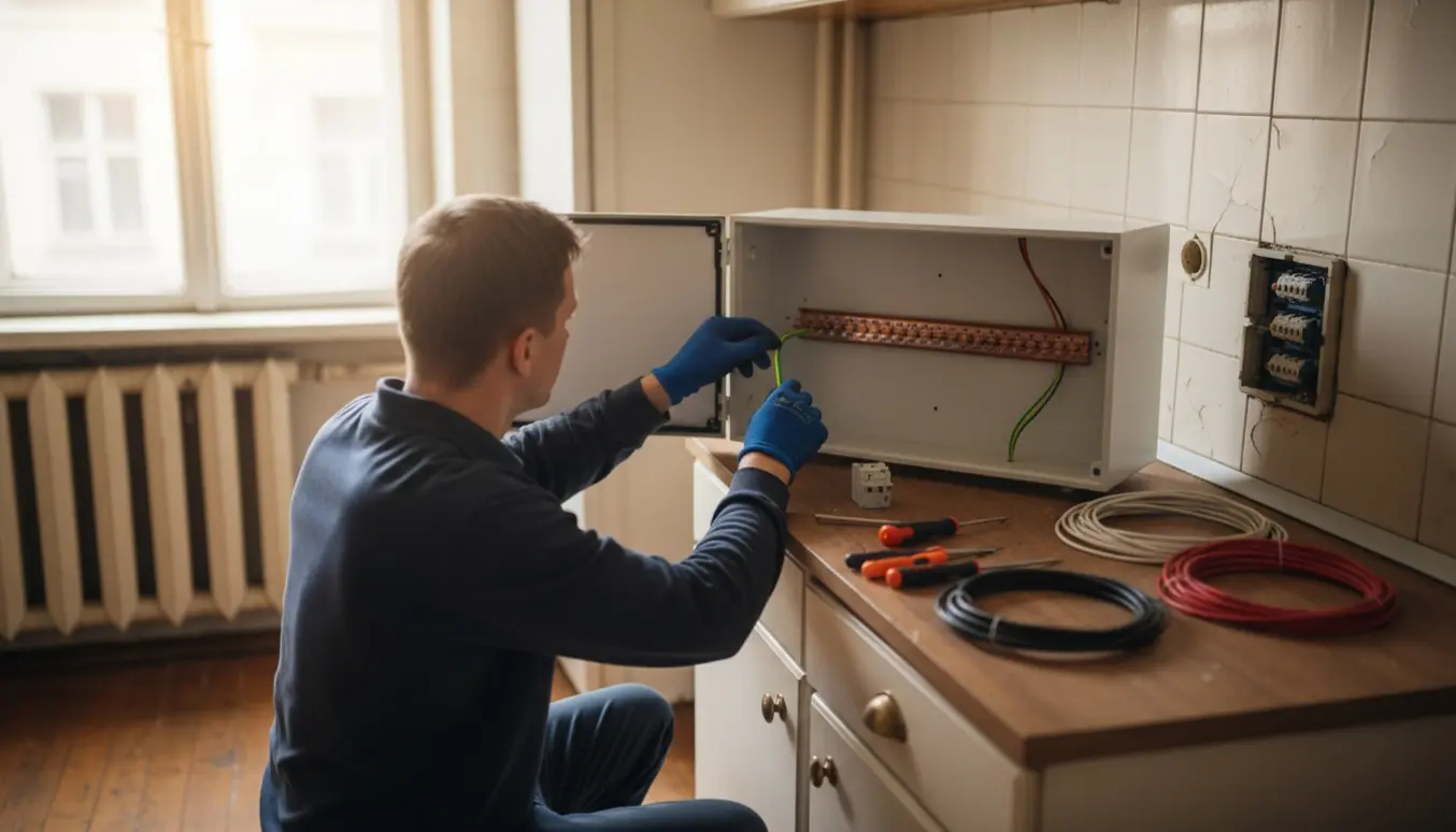 En elektriker (ansigt ikke synligt) monterer en ny eltavle i et lille gammelt køkken med grøn-gul jordforbindelse i fokus.