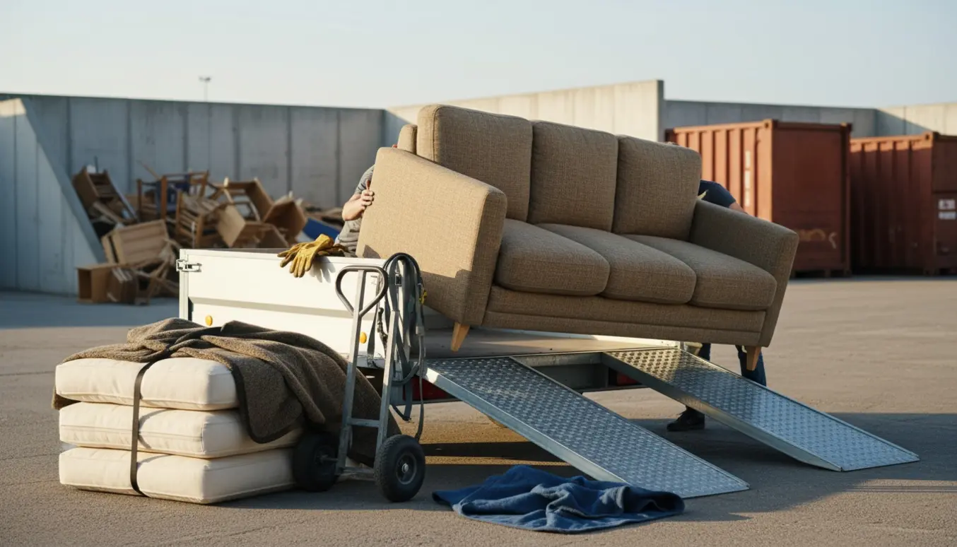 En trepersoners sofa og to pallehynder læsses op på en trailer ved et genbrugscenter med flytteudstyr synligt.