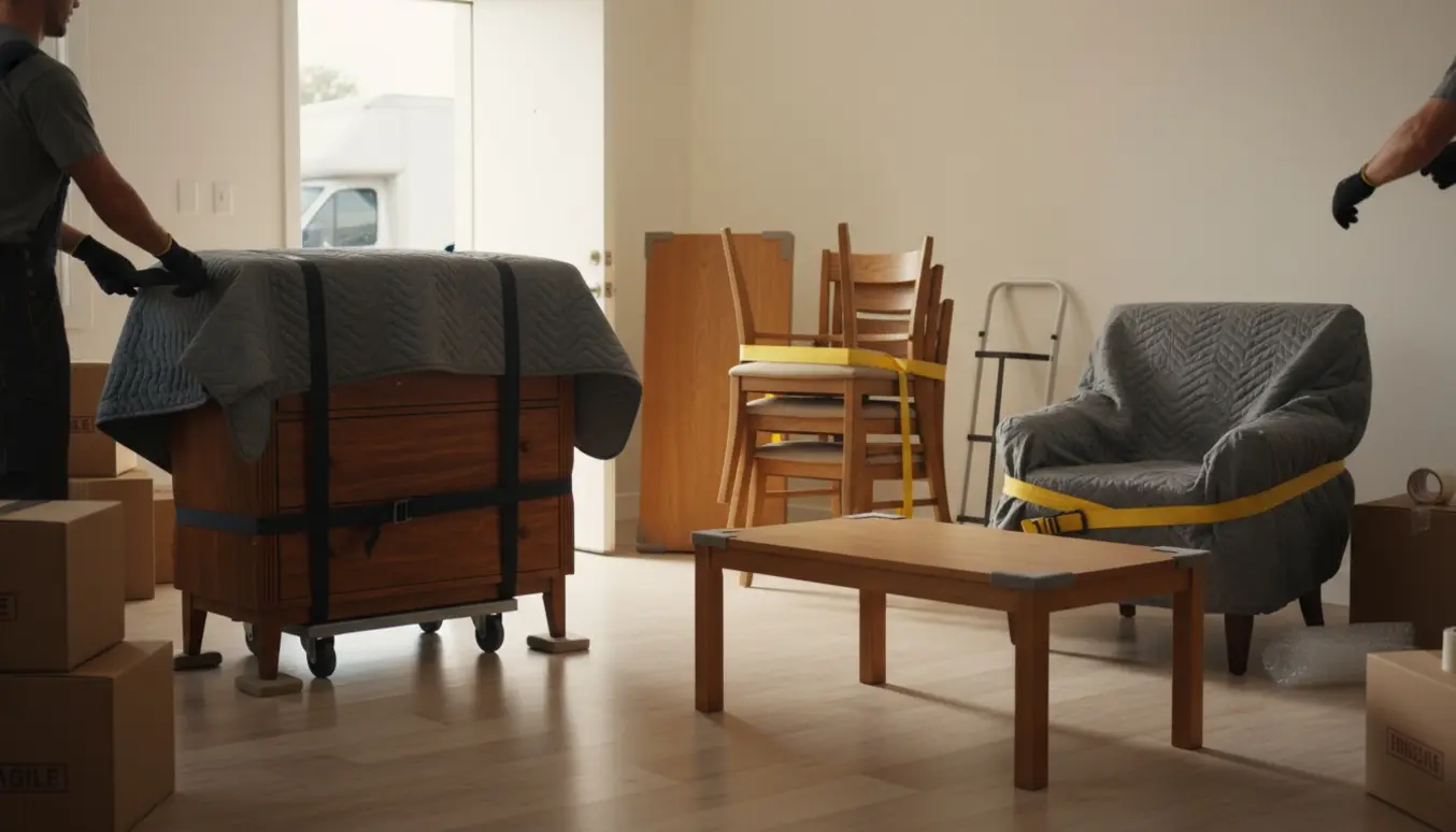 Indpakkede møbler og stabel af stole ved flytning i en lys lejlighed.