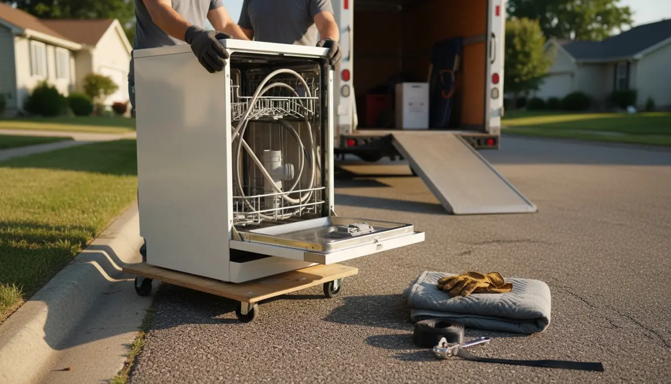 Afmonteret opvaskemaskine på fortovet klar til afhentning med dolly, flytteudstyr og handsker.