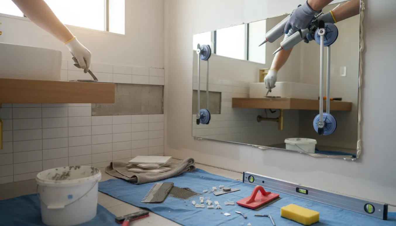 Nærbillede af et badeværelse under renovering, hvor fliser fjernes, og et spejl monteres med lim og sugekop.