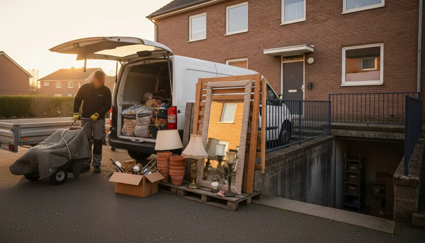 Åben varevogn ved opgang med nedpakket møblement og potter klar til afhentning til genbrug.