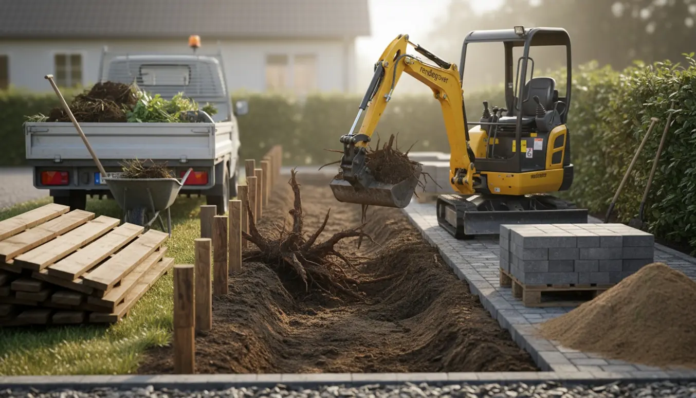 Minigraver rydder et 1x7 m bed med fjernet hegn og opgravet jord klar til bortkørsel.