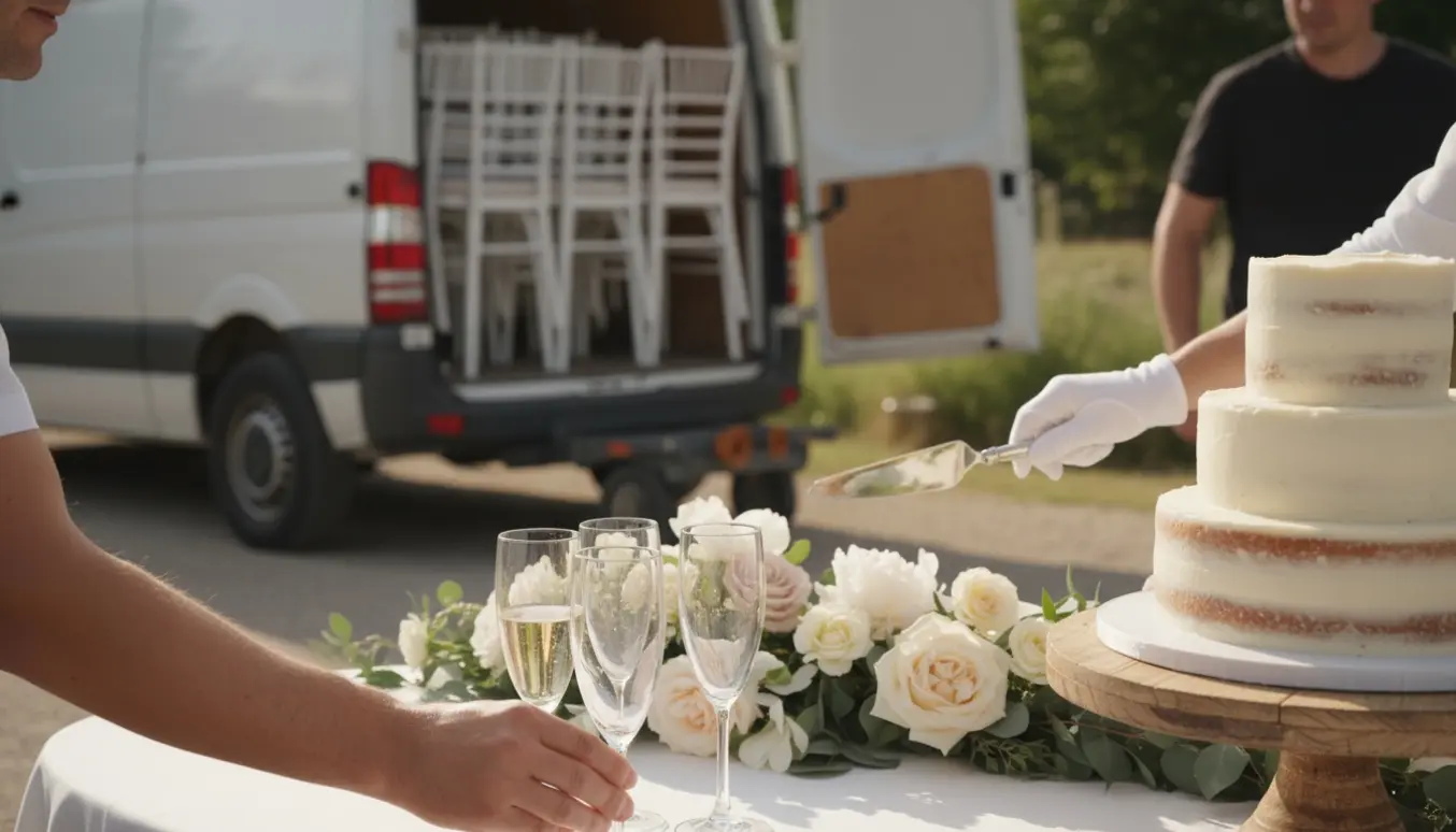 Frivillige læsser stole i en varevogn og sætter champagneglas og kage frem til et bryllup.