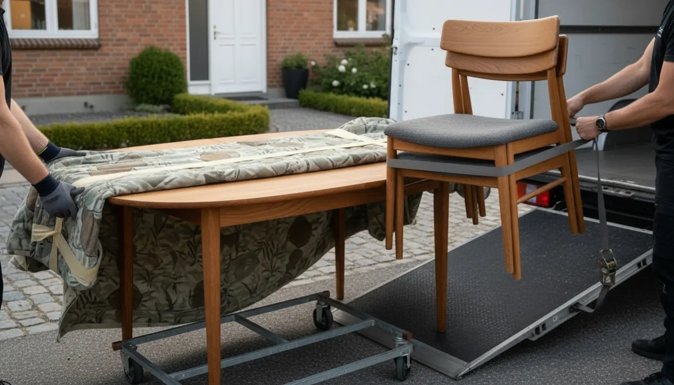 Et ovalt spisebord og fire 7’er-stole bliver pakket og lastet i en hvid flyttebil foran et murstenshus.