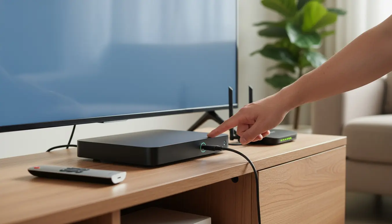 Hånd tænder set-top-boks på et mediebord med router og tændt tv i baggrunden.