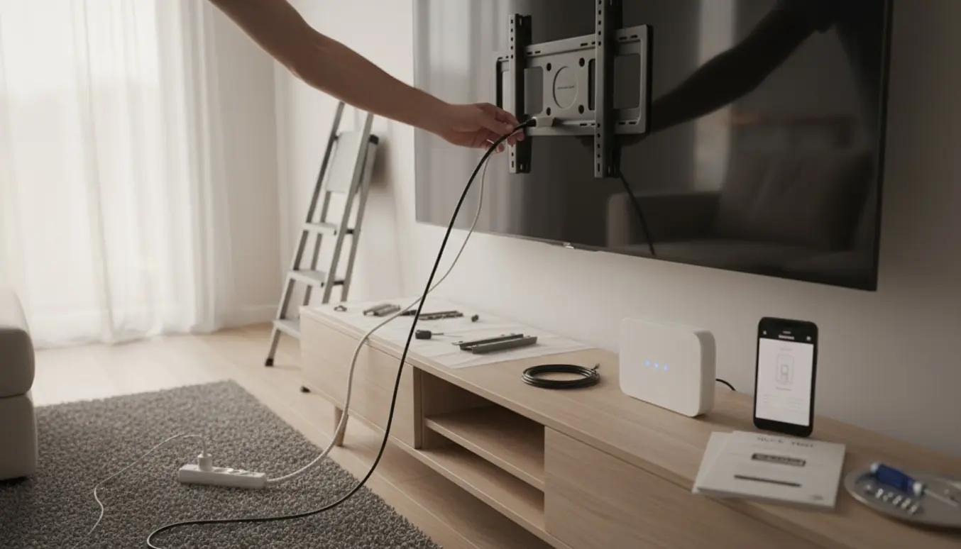 Hænder tilslutter kabler til et vægmonteret smart-tv i en lys, moderne stue.