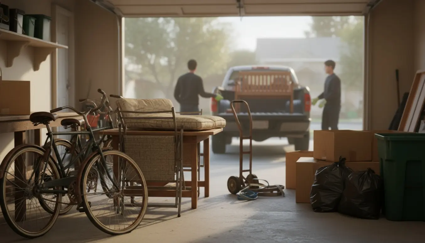 Åben garage under oprydning med gamle cykler og havemøbler klar til bortskafning.
