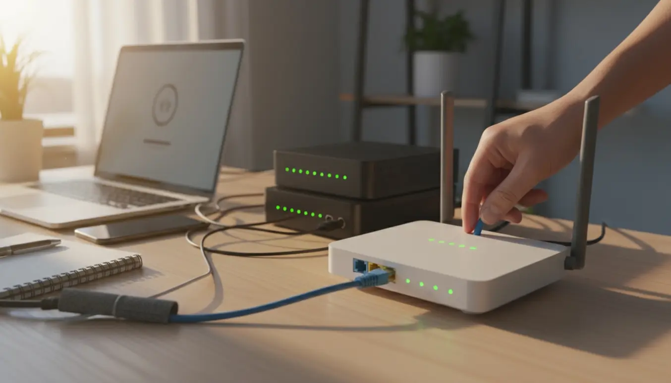 Hænder tilslutter et ethernetkabel til en router med grønne statuslys, mens en bærbar er sløret i baggrunden.