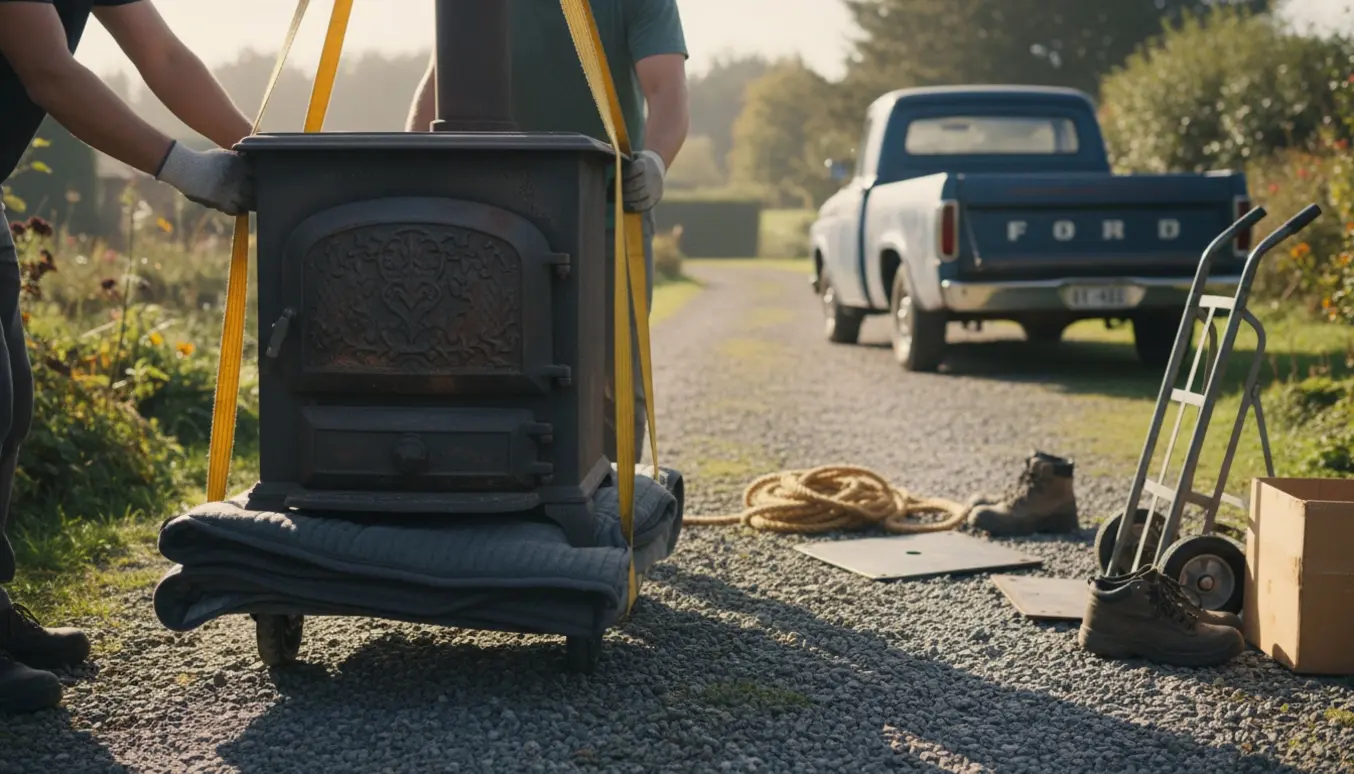 Tung antik støbejernsbrændeovn på dolly trækkes gennem en have mod en ventende pickup.