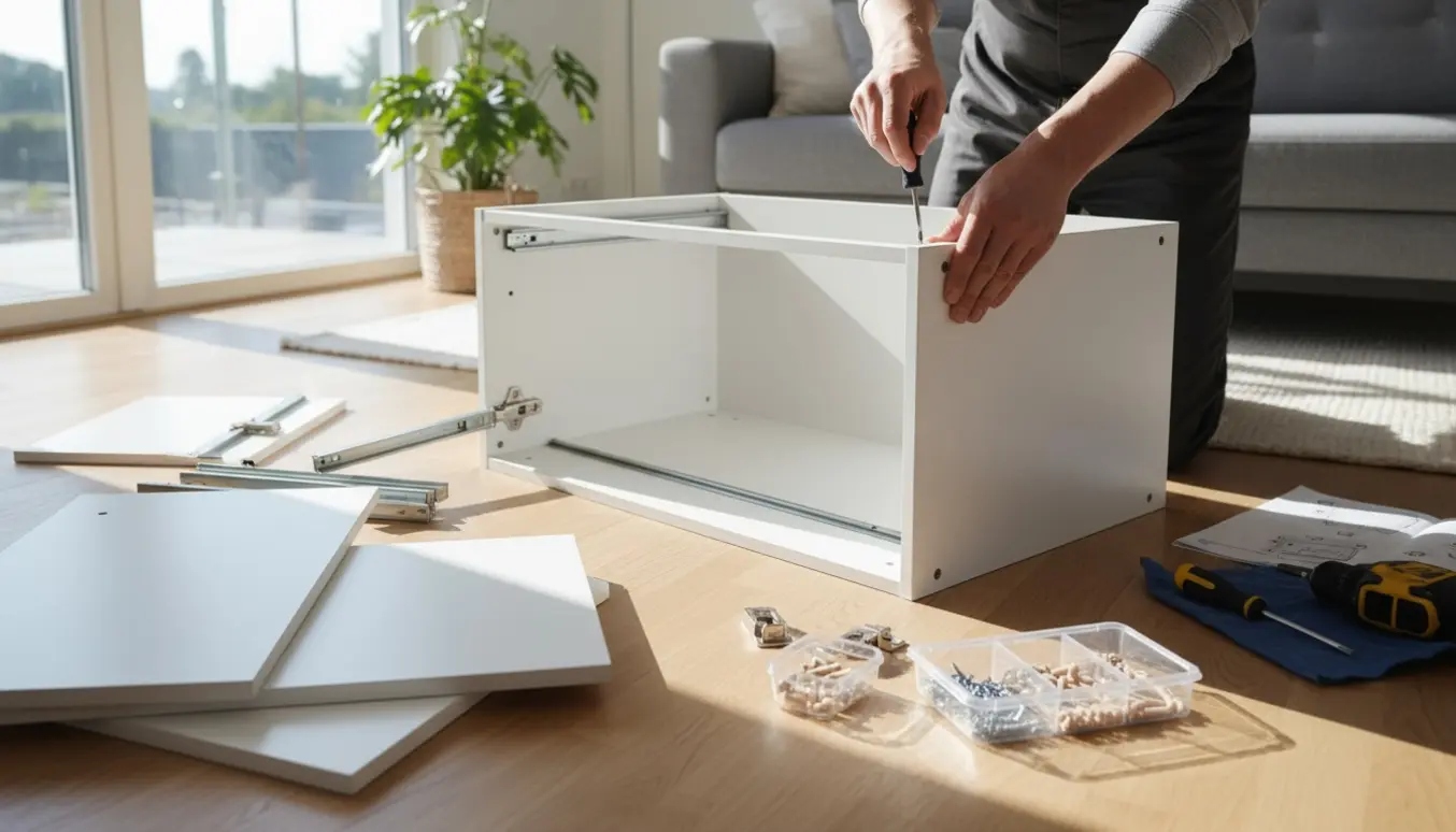 Hænder monterer hængsel på et hvidt skab med plader, skruer og værktøj på trægulvet.