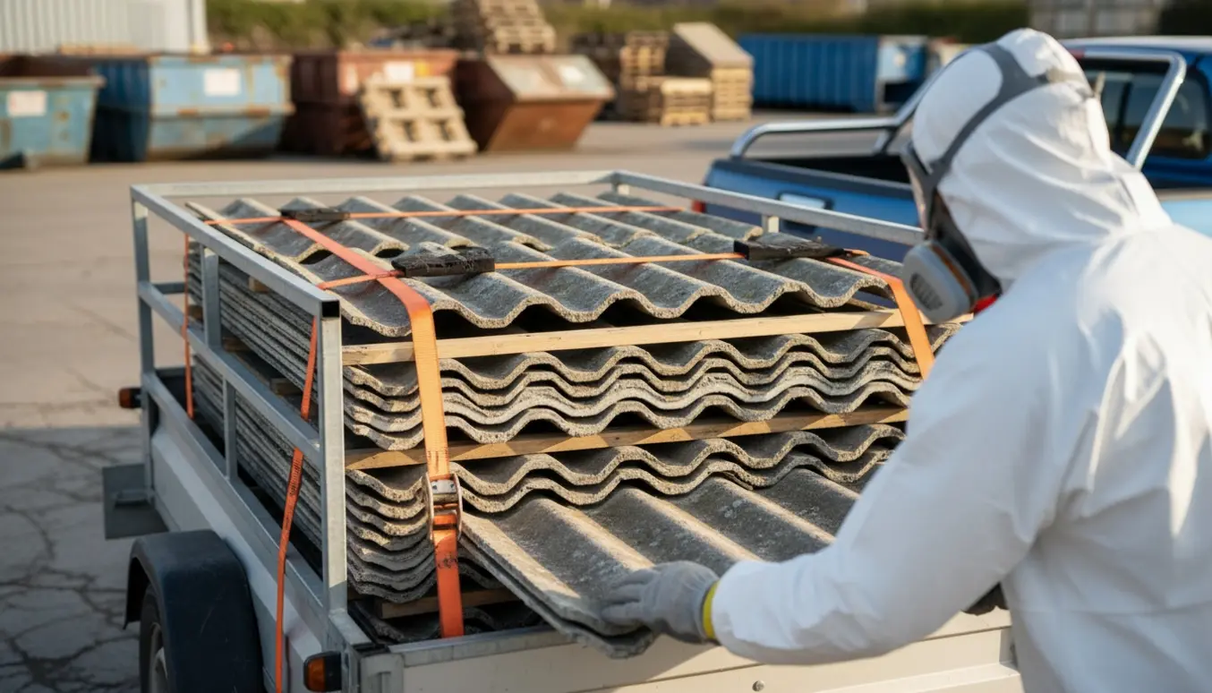 Trailer læsset med grå eternittagplader klar til aflevering på en genbrugsplads, med en person i værnedragt der sikrer læsset.