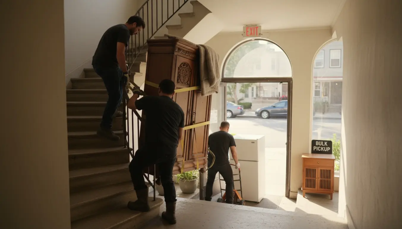 Flyttefolk bærer et klædeskab og triller et køleskab ned fra en øvre lejlighed klar til storskrald på fortovet.