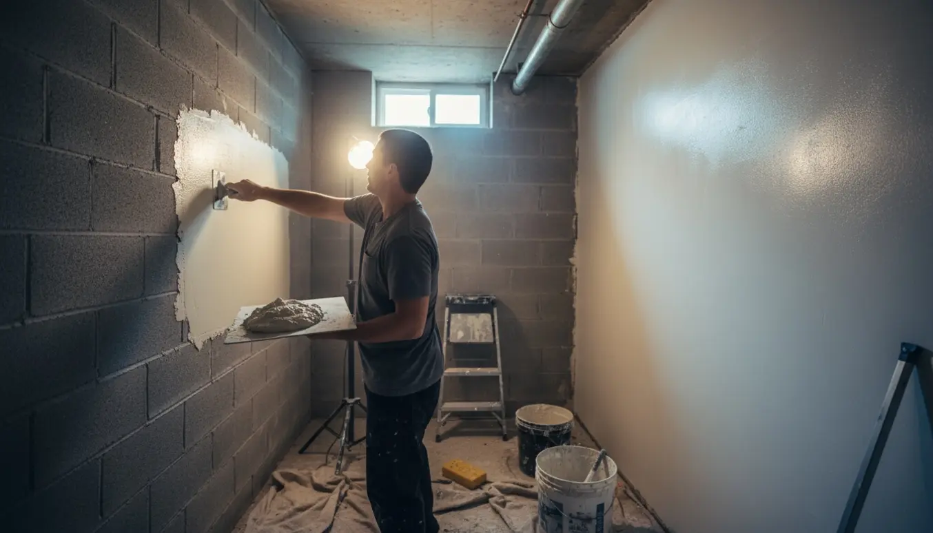 Håndværker pudser væggene i et lille kælderrum med halvfærdig puds og værktøj.