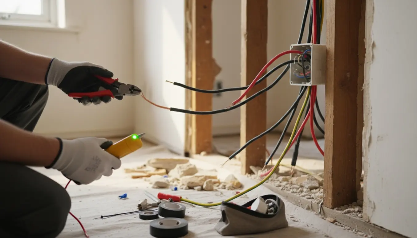 En elektriker (ansigt ikke synligt) samler løse elkabler i et nyligt revet vægudsnit med værktøj og sikkerhedsudstyr.