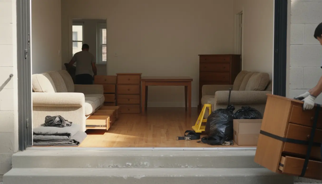 To sofaer, kommoder og et bord stablet ved lejlighedsdøren klar til storskrald.