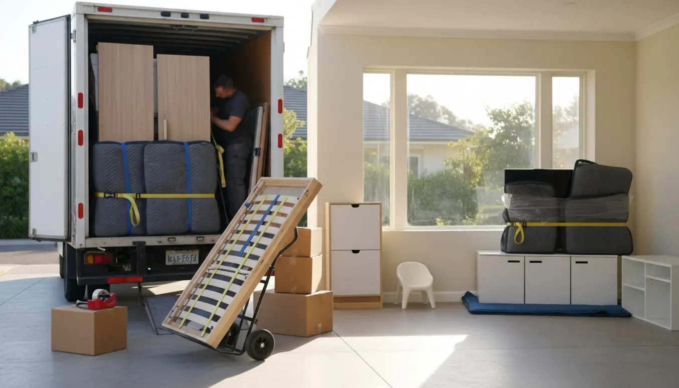 Ikea-agtige møbler og flere flyttekasser stablet og klar til at blive læsset, flyttefolk vist uden synlige ansigter.