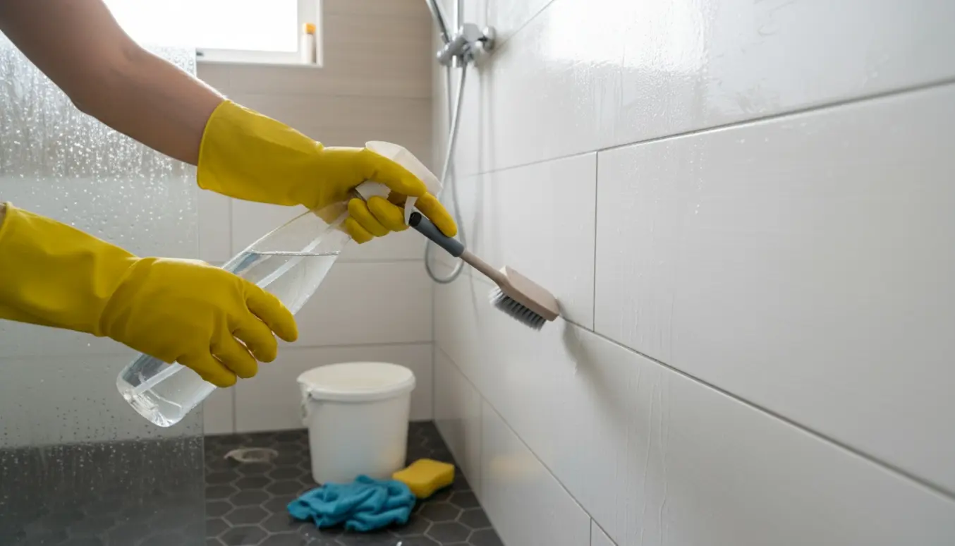 Hænder i gummihandsker afkalker og skrubber kalk af fliserne i et lille bruserum.