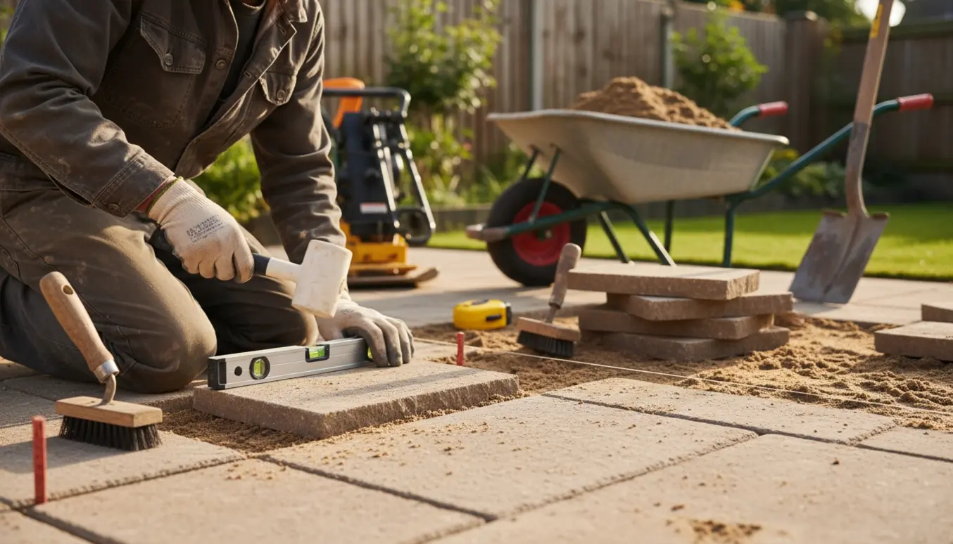 Håndværker lægger fliser på en lille terrasse med værktøj og stablede fliser ved siden af.