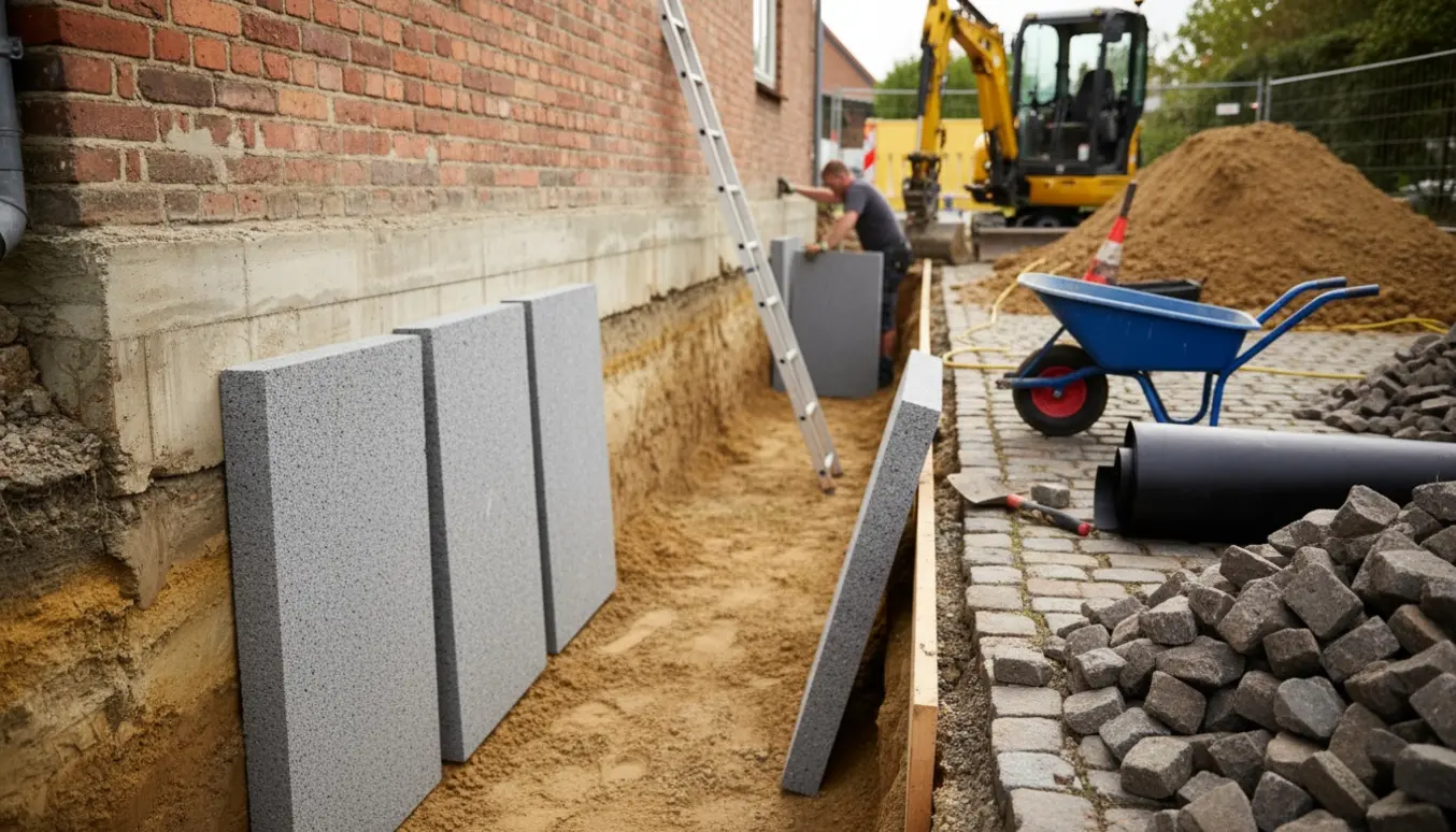 Udgravning ved kældermur med halvmonterede grundmursplader og bunker af herresten klar til genlægning.