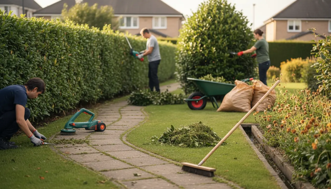 Forhave hvor hækken klippes, laurbær trimmes og ukrudt fjernes fra flisegang med opsamlet grønt affald.