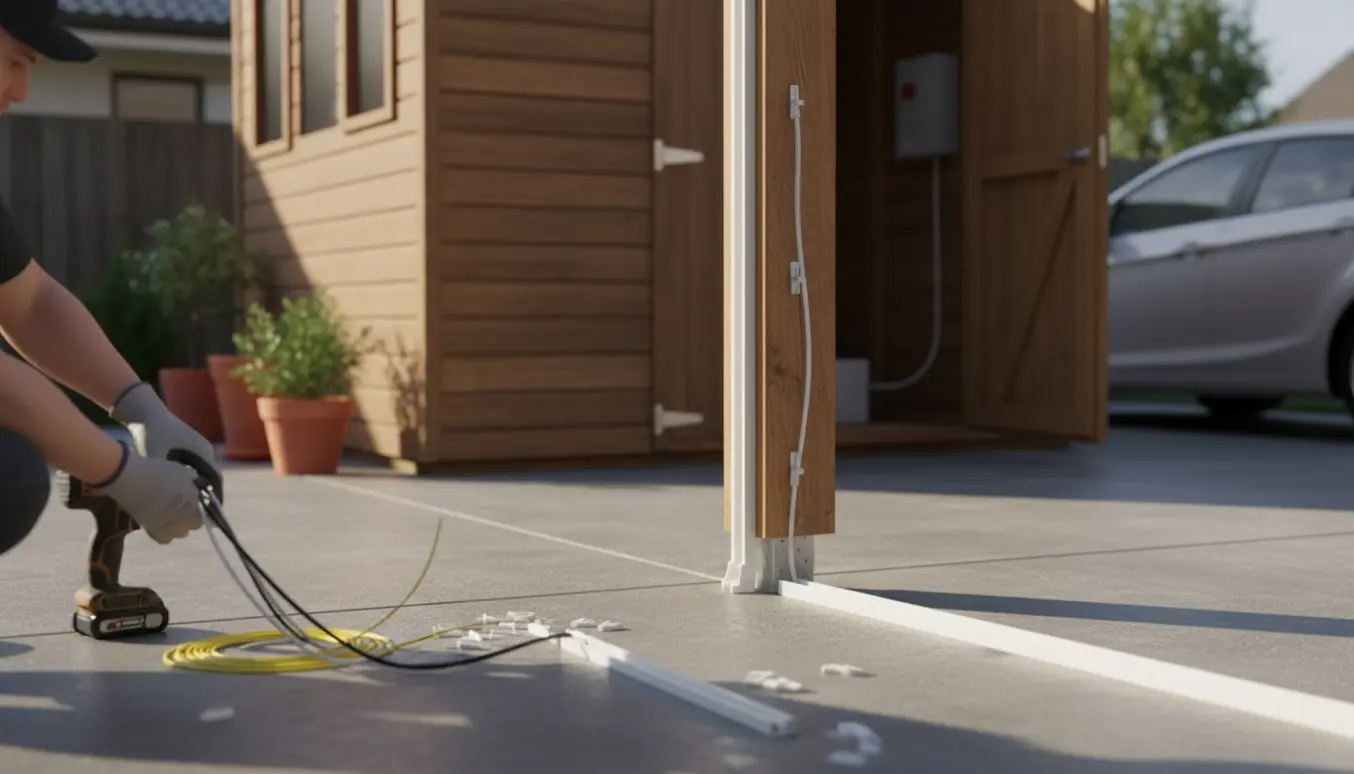 Hænder fører el-kabler ind bag et skur i carporten, så de bliver skjulte.