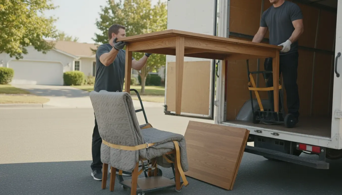 Flyttefolk læsser et stort spisebord med to plader og syv stole ind i en ubranded varevogn på en solrig villavej.