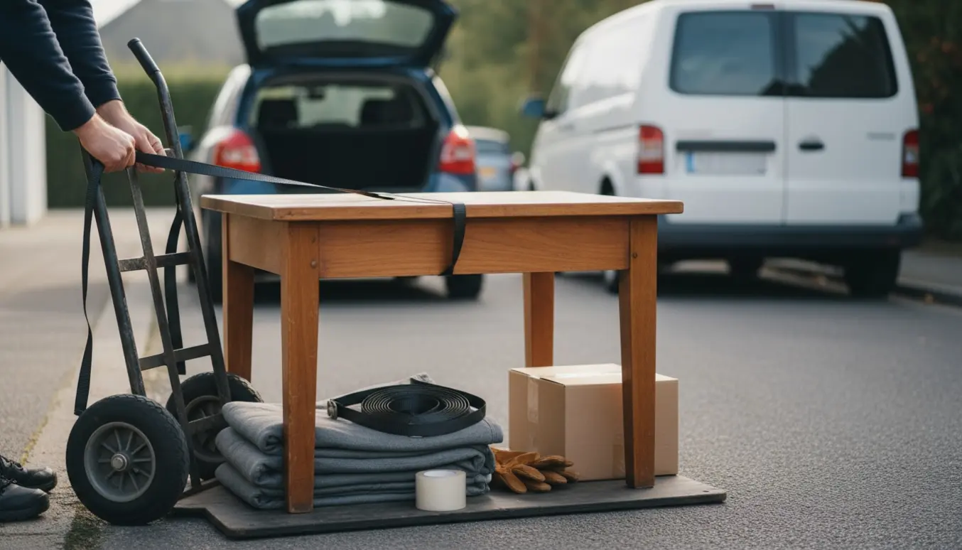Et lille træbord på sækkevogn ved en åben bil, klar til donation.