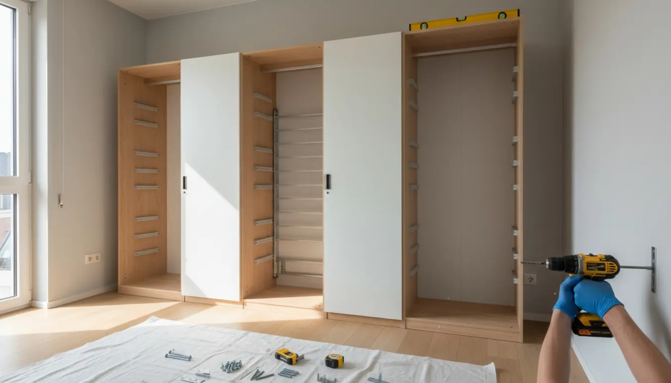 Tre skabelementer og værktøj i et lyst rum, mens et klædeskab monteres mod væggen.