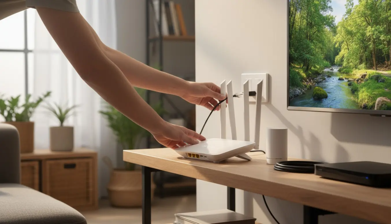 Hænder justerer en ny router i en stue med TV og kabler for bedre Wi‑Fi- og TV-signal.