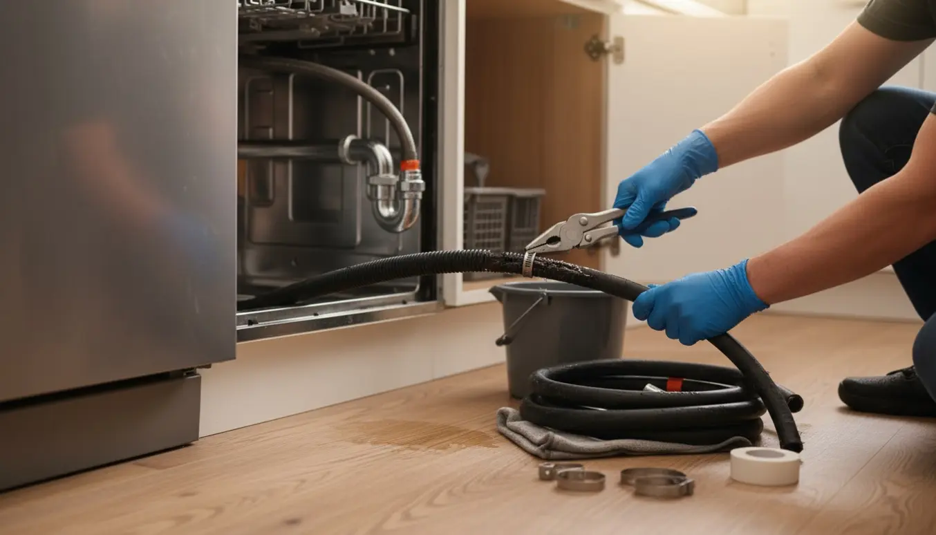 Nærbillede af udtrukket opvaskemaskine med utæt afløbsslange, værktøj og en ny slange klar ved vandlåsen.