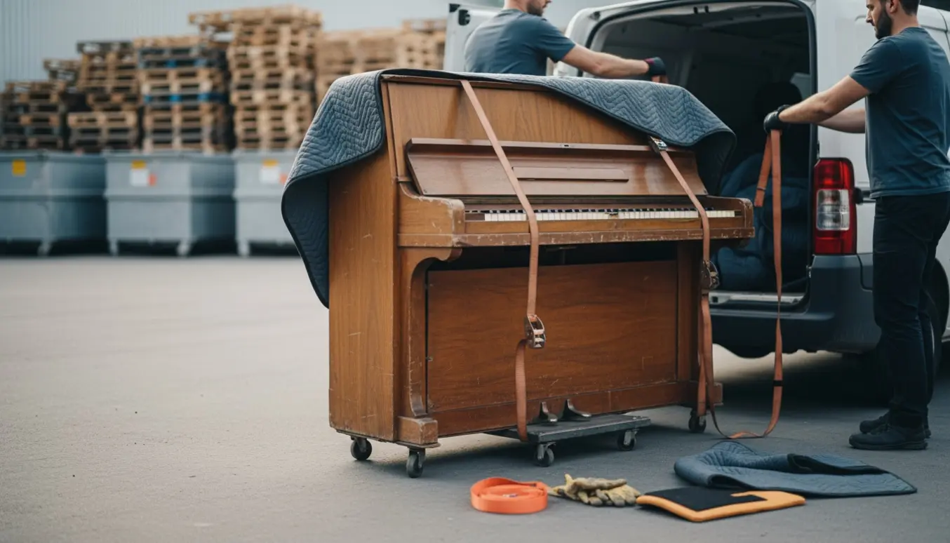 Et opretstående klaver pakket i flyttetæpper og spændt fast på en dolly ved en varevogn foran en genbrugsplads.
