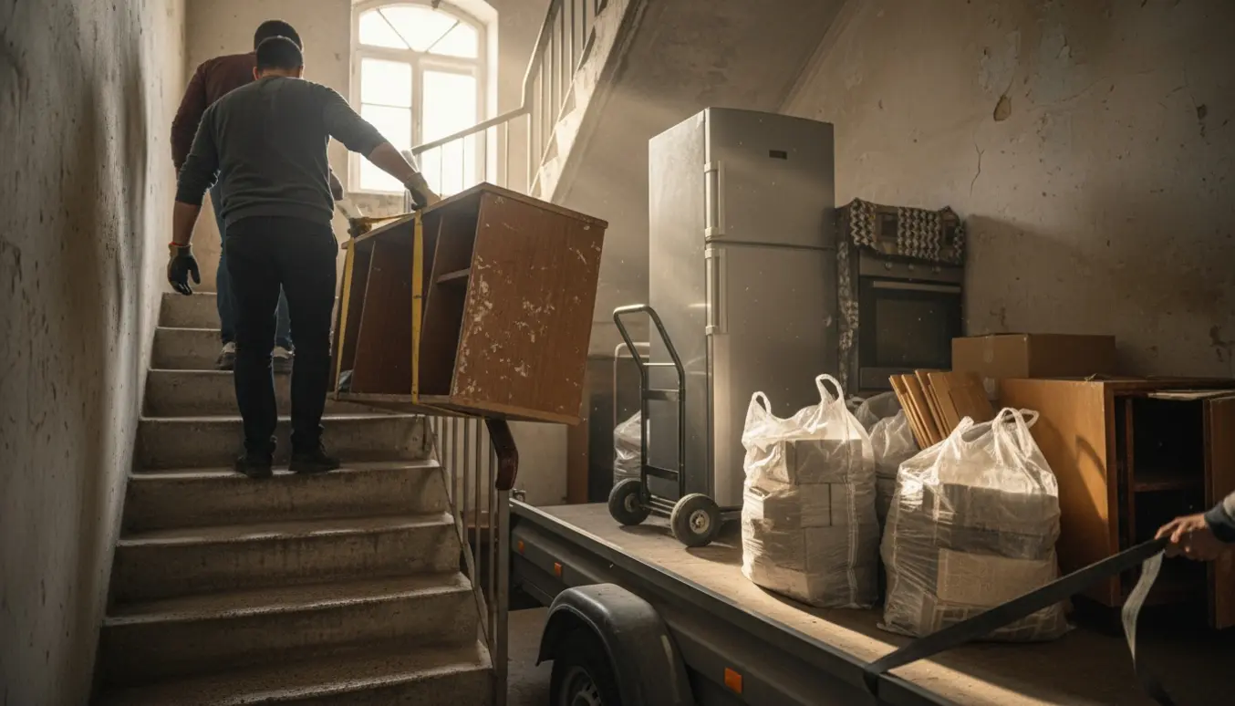 To personer bærer et demonteret køkken ned ad en bagtrappe mod en trailer med sække og skabe på gaden.