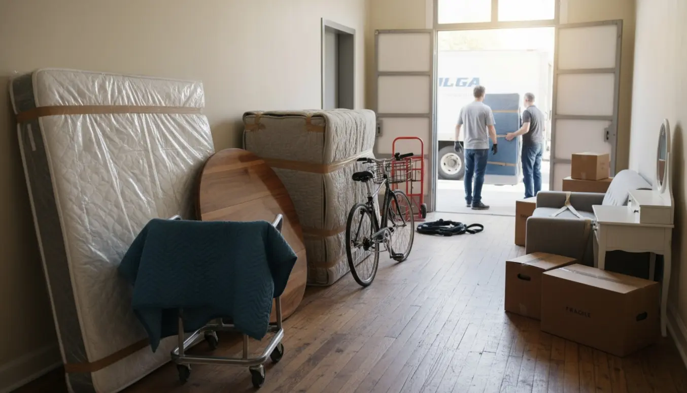 Flytning i en opgang med indpakkede madrasser, møbler, cykel og en åben elevator.