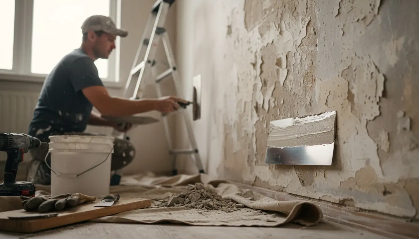 En murer spartler en skadet væg klar til maling, med spand og værktøj i nærheden.