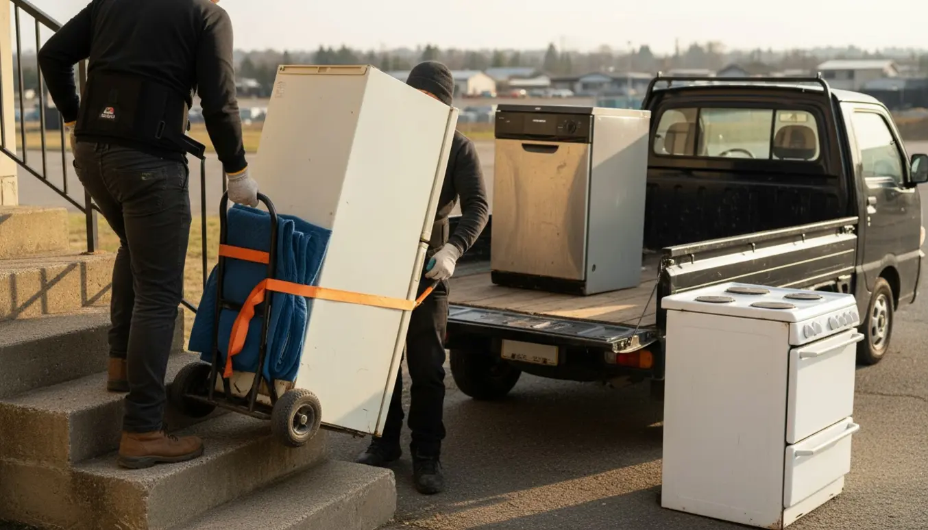 Hårde hvidevarer bæres ned ad trappe og læsses på en trailer til genbrugsstation.