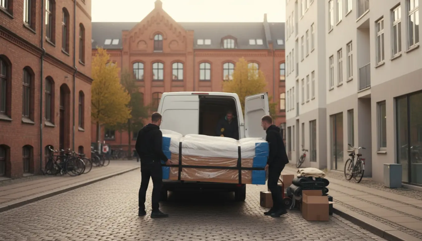 Mellemstor dobbeltseng pakket ind løftes af flyttefolk ved en hvid flyttevogn foran røde teglbygninger.