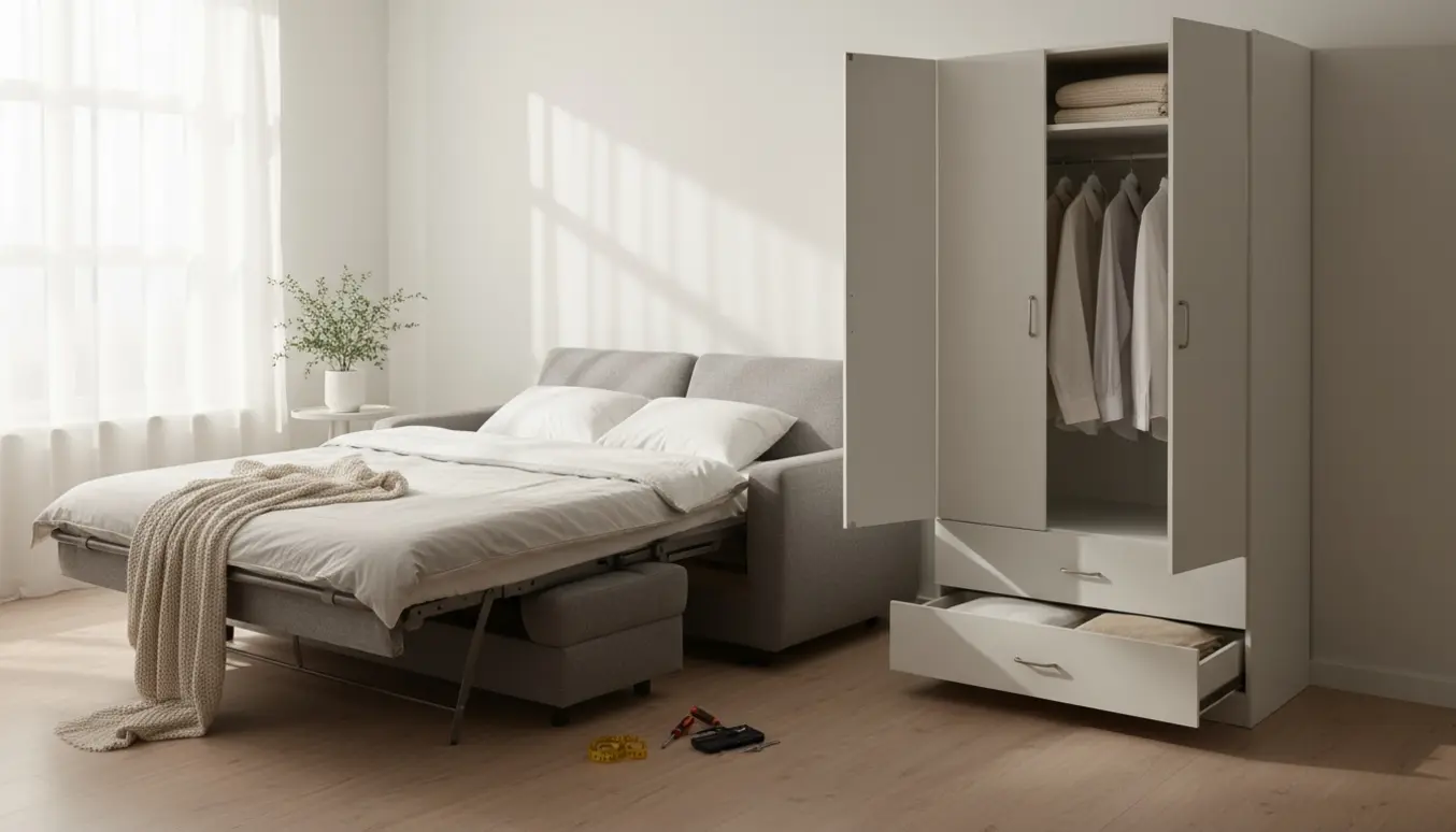 Hvidt garderobeskab med to låger og skuffer ved siden af en grå sovesofa med chaiselong i blødt dagslys.